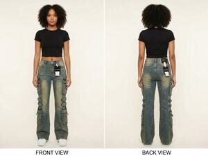 Innovare Denim Vintage Wash Buckle Cargo Flare Jeans Y2K Utility - US Size M